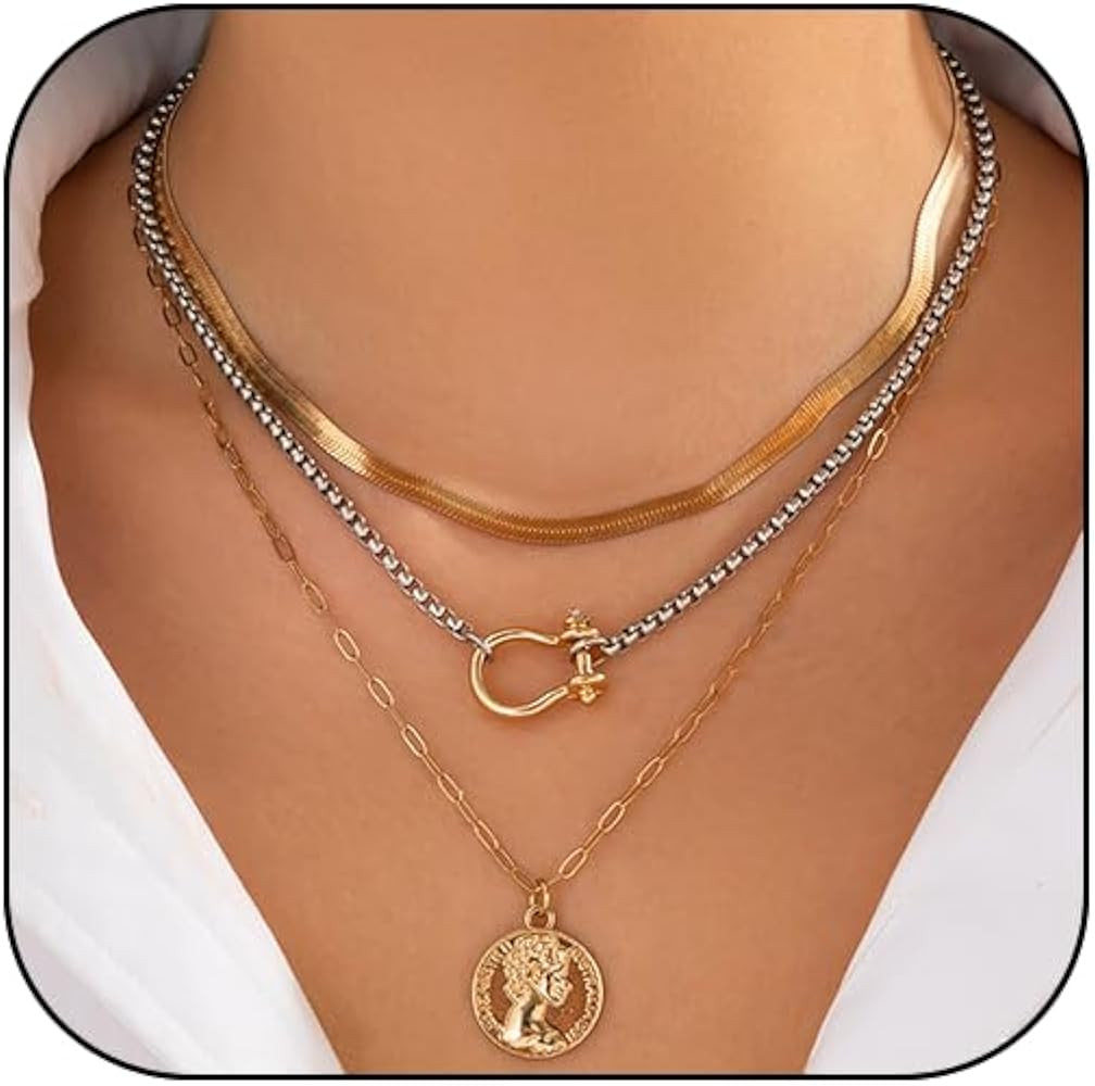 Gold Layered Necklace for Women Stacked Chain Link Paperclip Necklace Statement Punk Jewelry | Amazon (US)