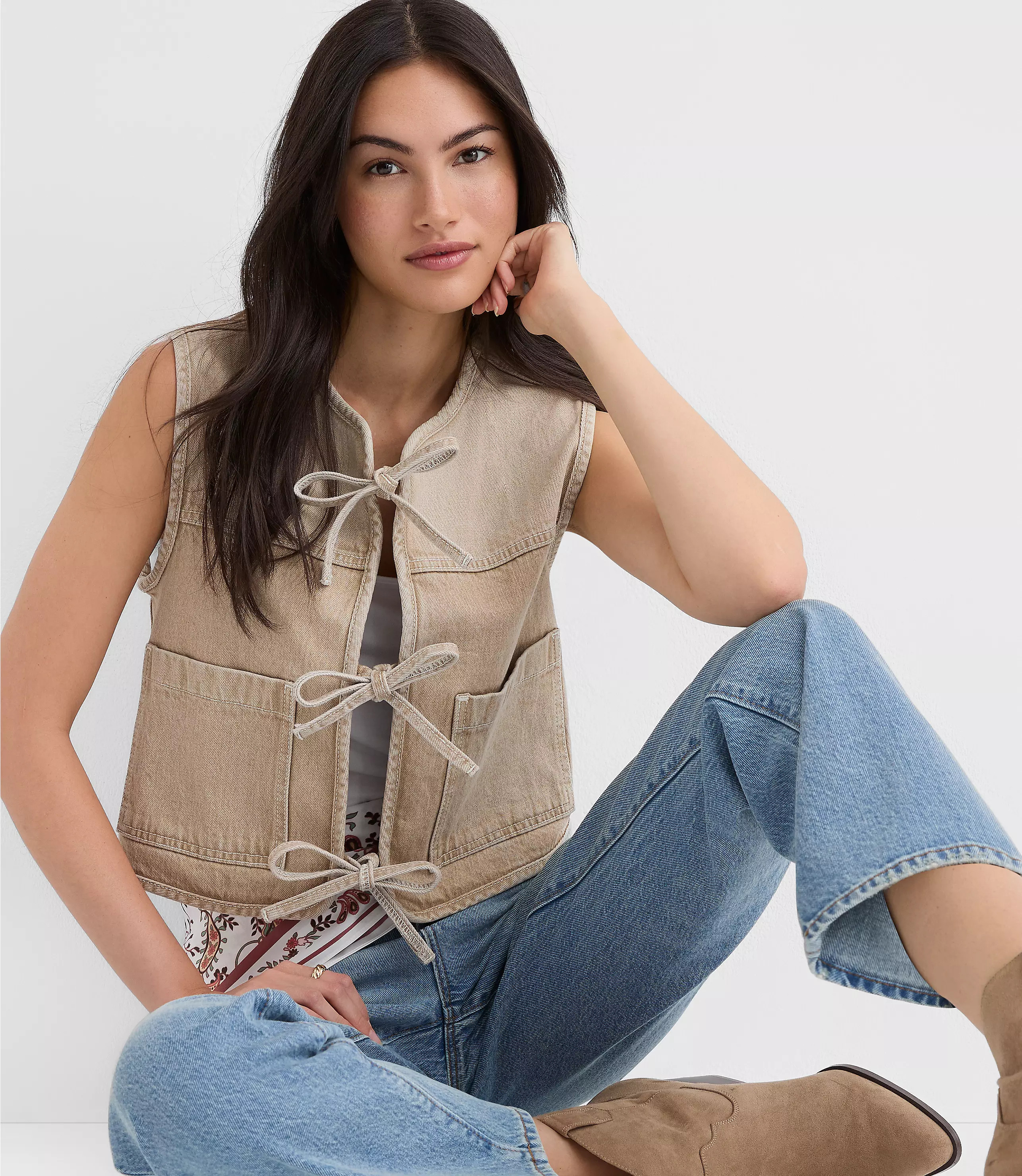 Tie Denim Vest in Washed Neutral | LOFT