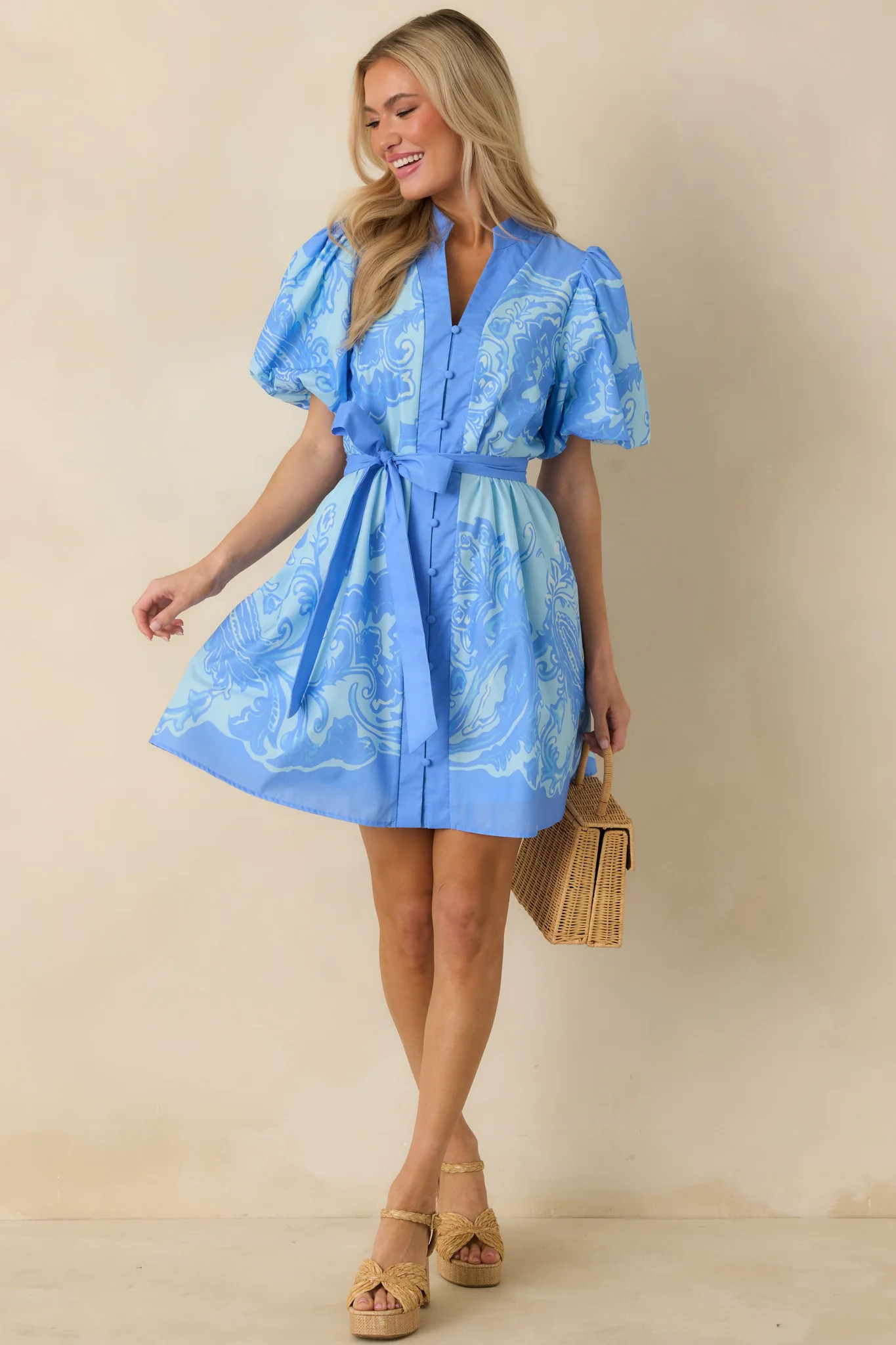 Something in the Air Blue Cotton Paisley Belted V-Neck Mini Dress | Red Dress
