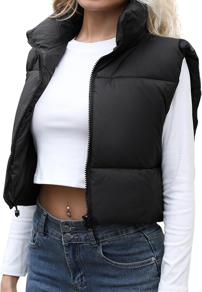 ZALCNTZA Cropped Puffer Vest Women Fall Winter Warm Sleeveless Stand Collar Zip Up Fashion Padded... | Amazon (US)