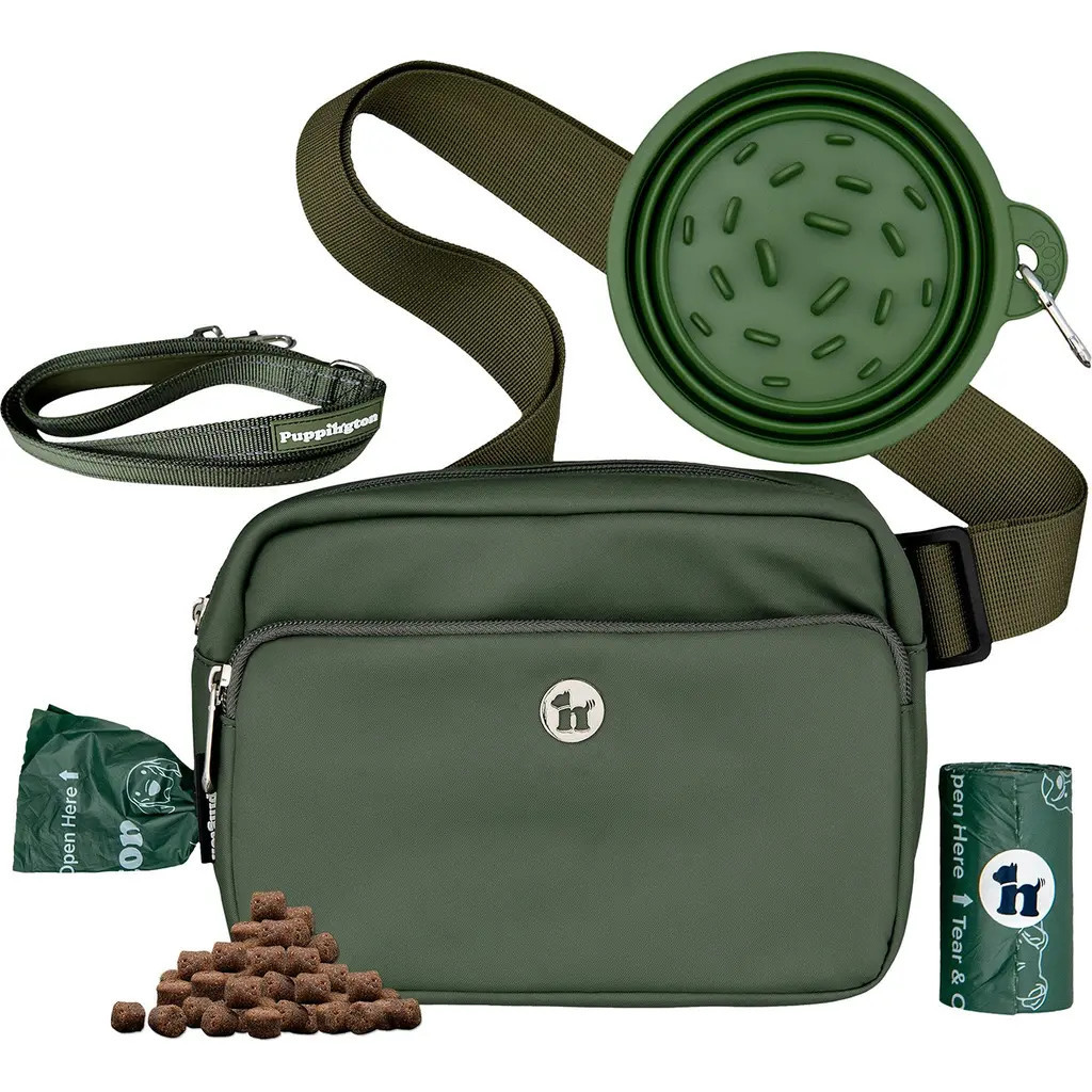 Puppington 3-in-1 Dog Walking Bag with Waste Bags plus Travel Bowl and Reflective Leash in Basil Green at Nordstrom | Nordstrom