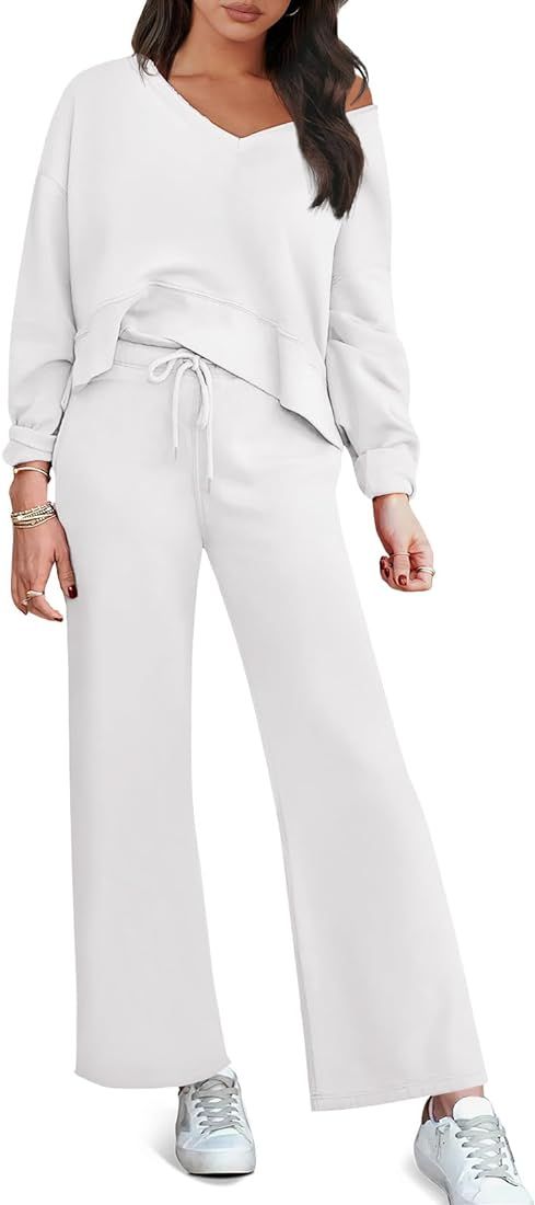 Prinbara Women's Two Piece Outfits Sweatsuit Set Casual Long Sleeve V Neck Top Wide Leg Pants Mat... | Amazon (US)