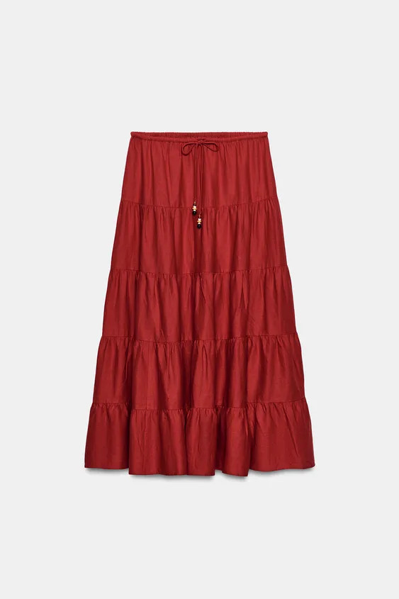 LINEN BLEND RUCHED MIDI SKIRT | Zara US