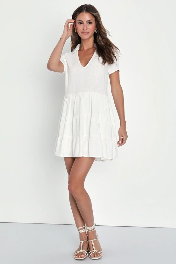 Darling Decision White Linen Collared Tiered Mini Dress | Lulus (US)