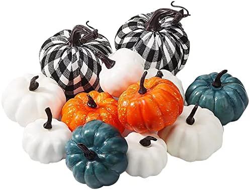12 PCS Pumpkins Decor, Fall Decor White Blue Orange Fall Artificial Rustic Pumpkins Decor, Fall Deco | Amazon (US)