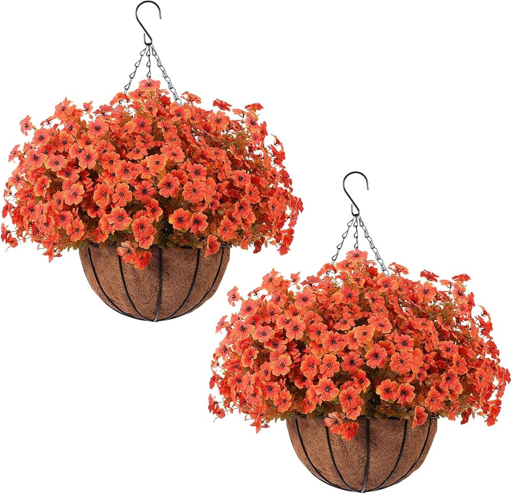 Hananona 24 Pcs Artficial Outdoor Flowers with Hanging Baskets, Orange Fall mums 2 Pack Hanging P... | Amazon (US)
