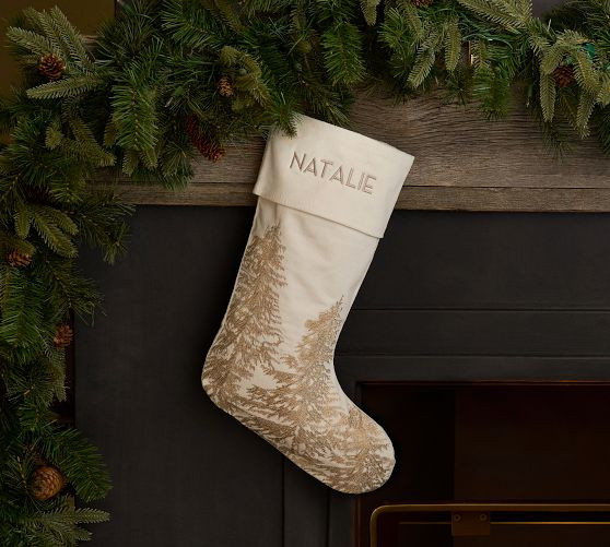 Ivory & Gold Rustic Forest Stocking | Pottery Barn (US)