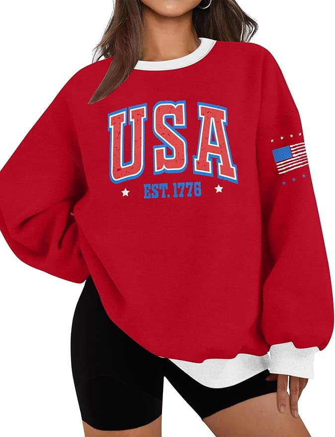 ASTANFY USA Letter Sweatshirt Womens Casual Long Sleeve Graphic Shirts American Flag CrewNeck Pul... | Amazon (US)