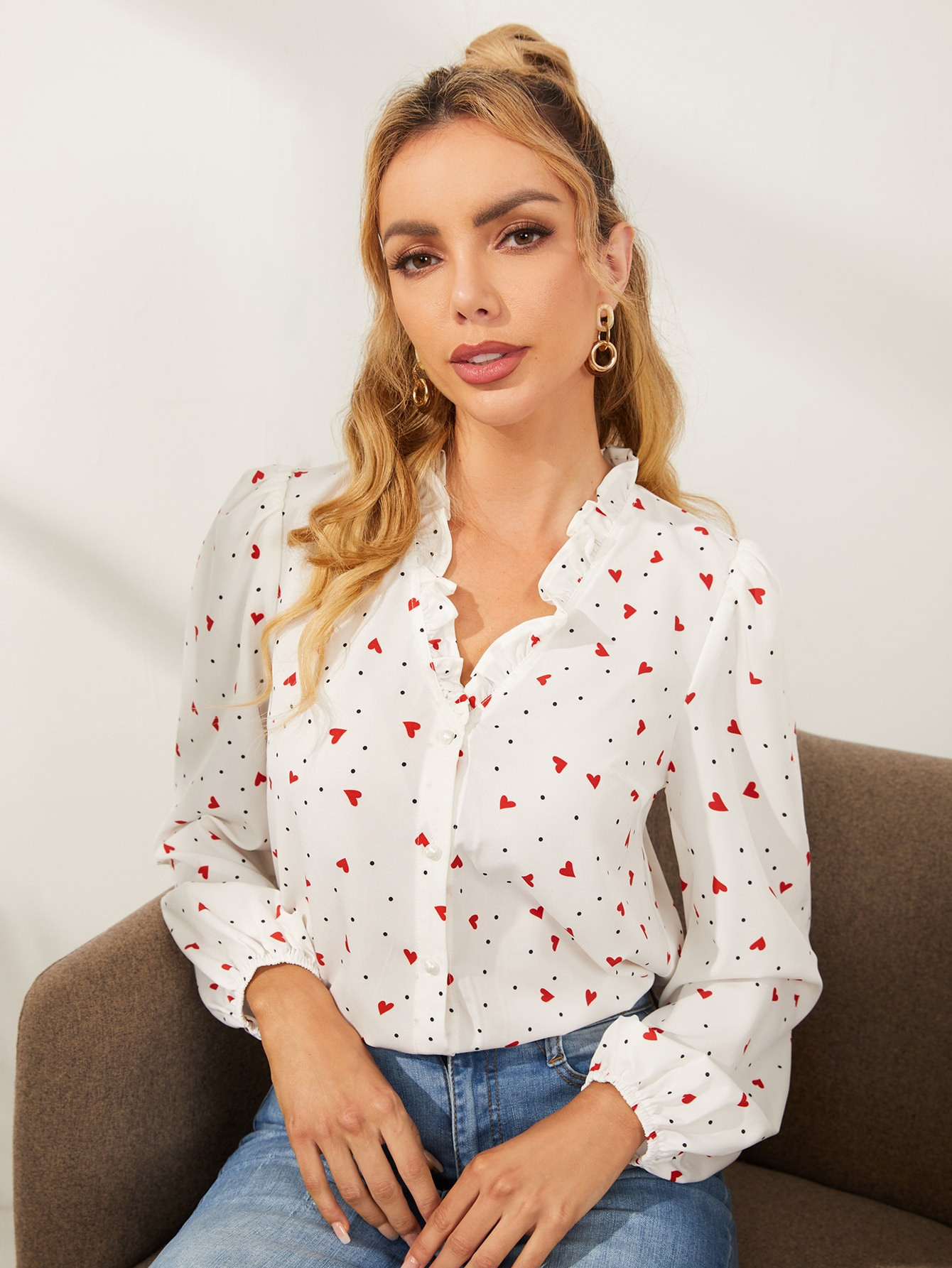 SHEIN Heart & Polka Dot Frill Trim Top | SHEIN