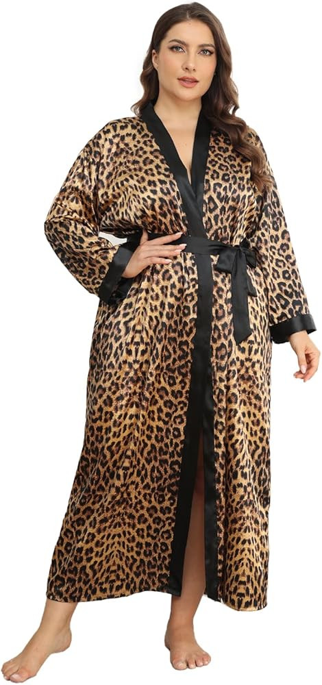 Womens Plus Size Silky Satin Kimono Robe Floral Long Bathrobe Wedding Sleepwear Dressing Gown | Amazon (US)