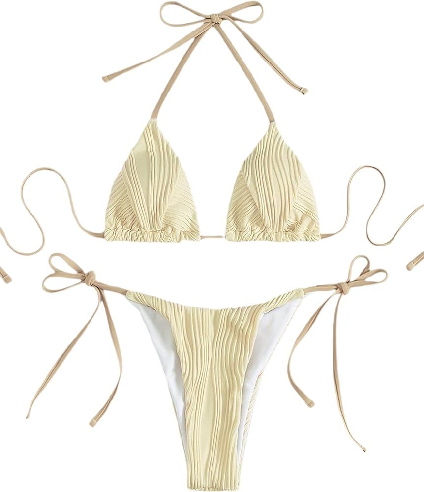 GORGLITTER Women's High Cut Swimsuit Triangle Halter Tops Tie Side Thong Bikini Set Textured Bath... | Amazon (US)
