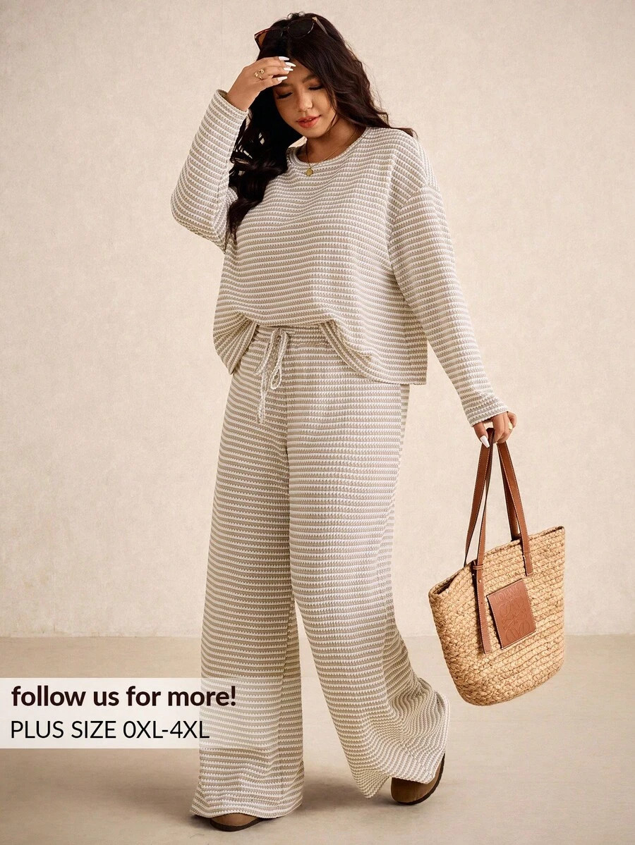 Elaquor Plus Size Striped Long Sleeve Top And Pants Two Pieces Casual Vacation Set,Fall Clothes F... | SHEIN
