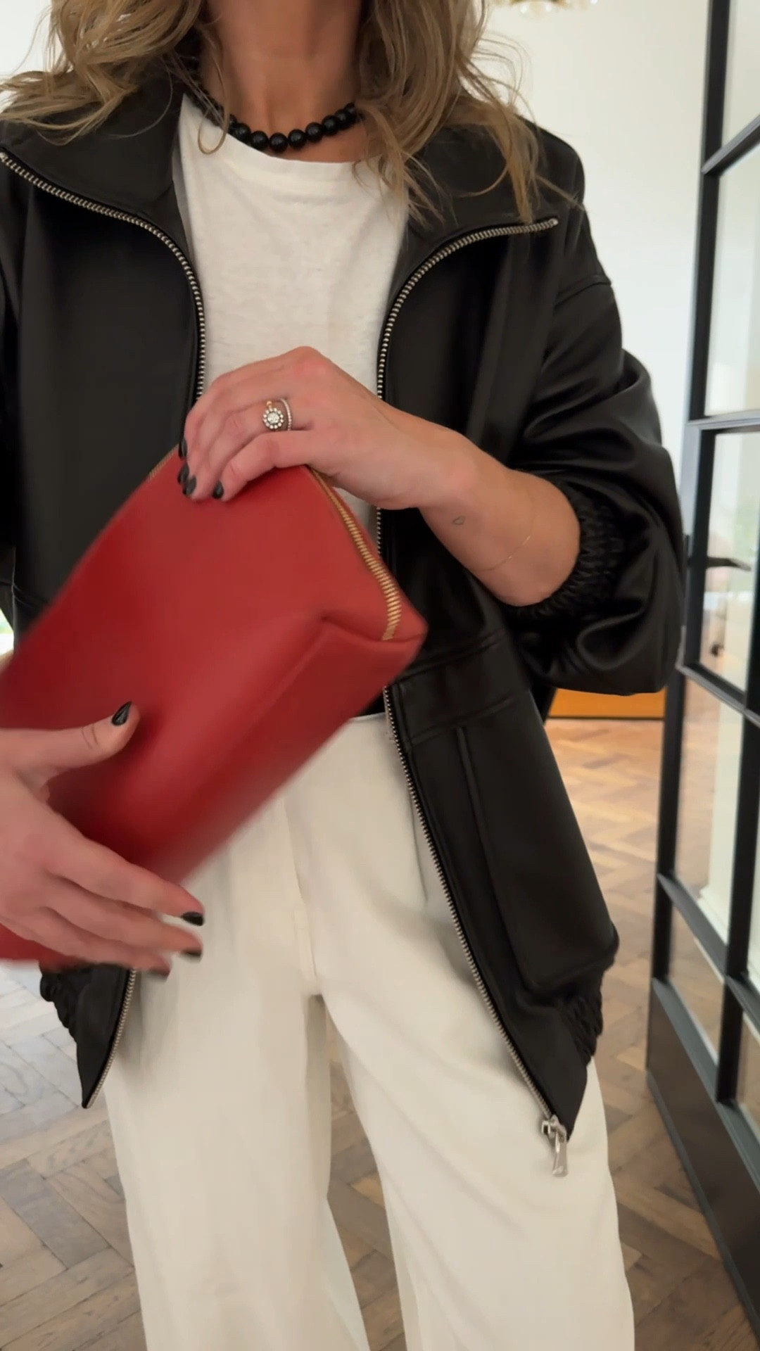 White Trousers + white Tee + Leather Jacket Look For Spring with a pop of red 

Spring | summer | white trousers | jacket | bag | lunch outfit | workwear | M&S

#LTKuk #LTKsummer #LTKspring