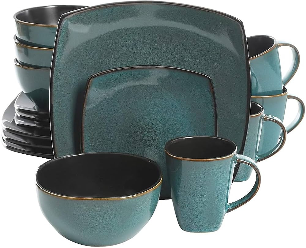 Gibson Elite Soho Lounge 16 Piece Reactive Glaze Dinnerware Set, Soft Square, Teal Green, Service... | Amazon (US)