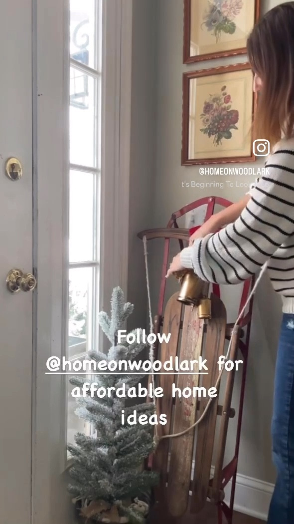 Vintage sled in our entryway.  

Mini Christmas tree.  Christmas decorations.  Sled.  

#LTKHome #LTKWatchNow #LTKHoliday