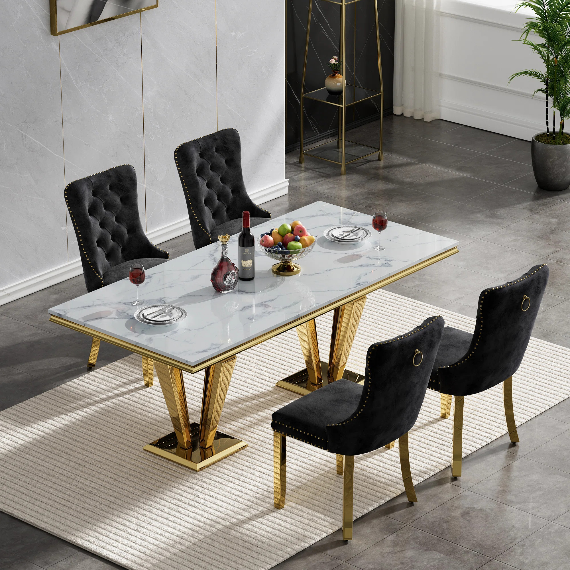 Rectangle Dining Table Set, Faux Marble Dining Table & Velvet Chairs with Stainless Steel Pedesta... | Wayfair North America