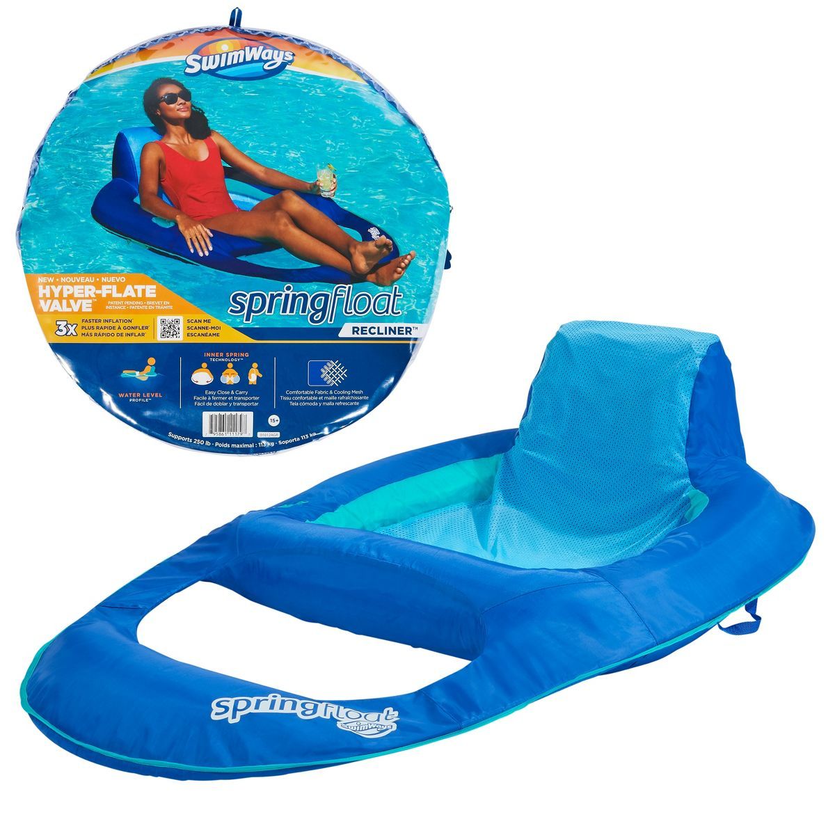 SwimWays Spring Float Recliner Swim Lounger for Pool or Lake with Hyper-Flate Valve - Blue | Target