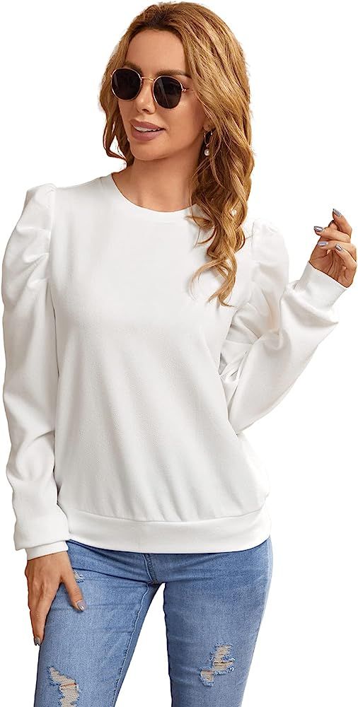 Romwe Women's Casual Puff Long Sleeve Crewneck Solid Sweatshirt Pullover | Amazon (US)