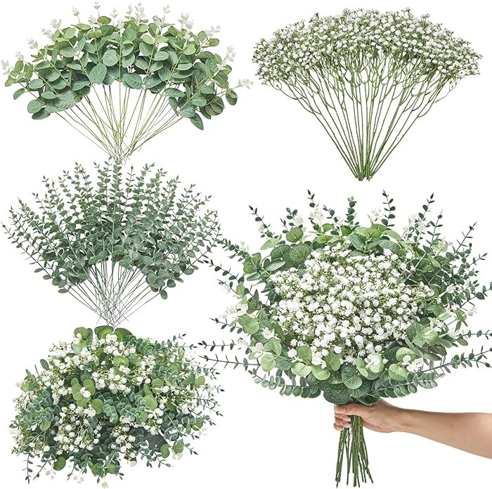 Serwalin 100 Pcs Mixed Artificial Eucalyptus Stems,Babys Breath Artificial Flowers Bulk with Faux... | Amazon (US)