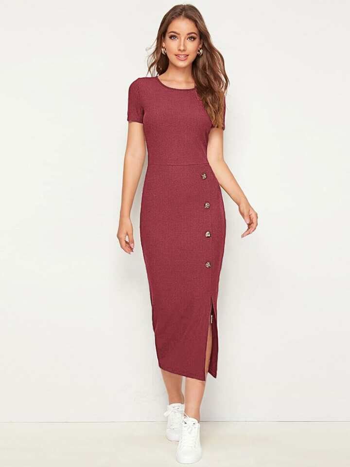 SHEIN Mulvari Button Detail Split Hem Rib-knit Dress | SHEIN