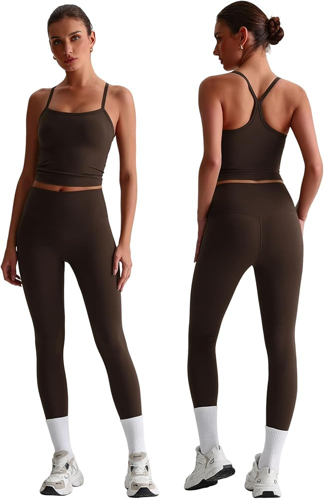 Women 2 Piece Workout Sets Padded Criss Cross Back Crop Tank High Waist Tummy Control Active Legg... | Amazon (US)