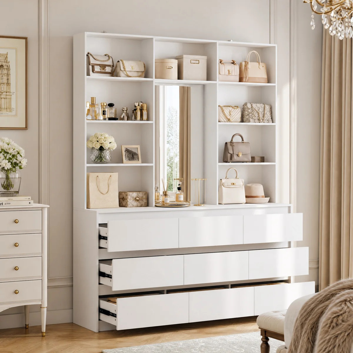 63" W Bedroom Wardrobe Organizer with Built-in Mirror, 9 Drawers & 7 Open Shelves | Wayfair North America