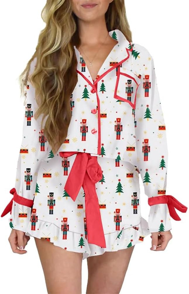 Silk Christmas Bow Pajamas for Women Cute Xmas Satin 2 Piece Santa Bow Tie Pjs Long Sleeve Shirt ... | Amazon (US)