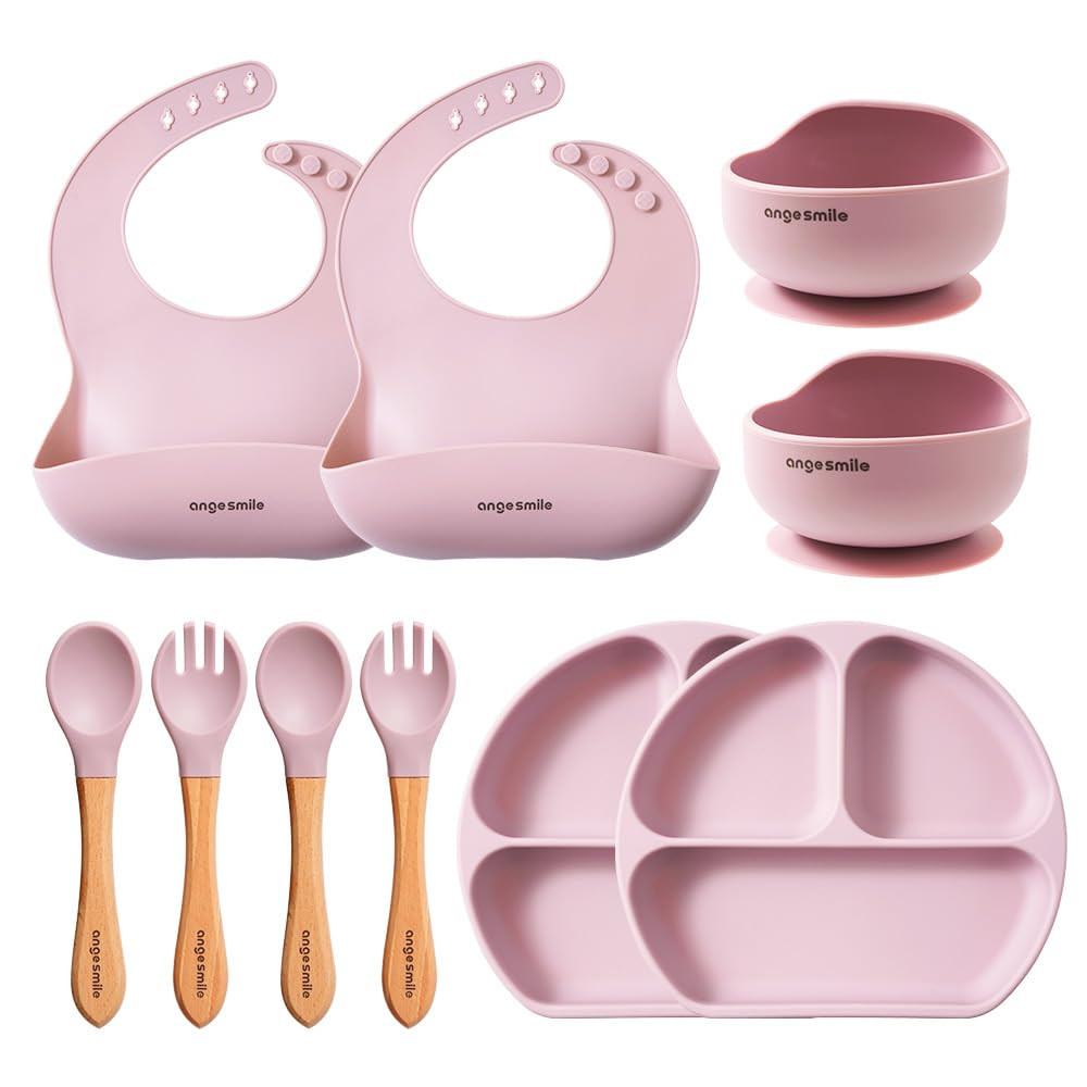 Baby Feeding Essentials Silicone Ange Smile 12 Set Bib, Baby Bowl, Suction Plate, Spoon, Fork Eat... | Amazon (US)