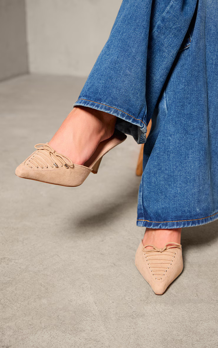 Beige Faux Suede Wide Fit Pointed Toe Lace Up Heeled Mules | PrettyLittleThing US