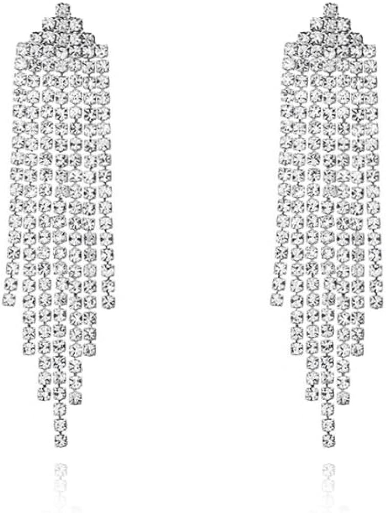 Luxval Rhinestone Earrings Dangling for Women Sparkly Silver Dangle Earrings Girls Long Chandelier Earrings Tassel Lightweight Ear Studs Cubic Zirconia Crystal Statement | Amazon (US)