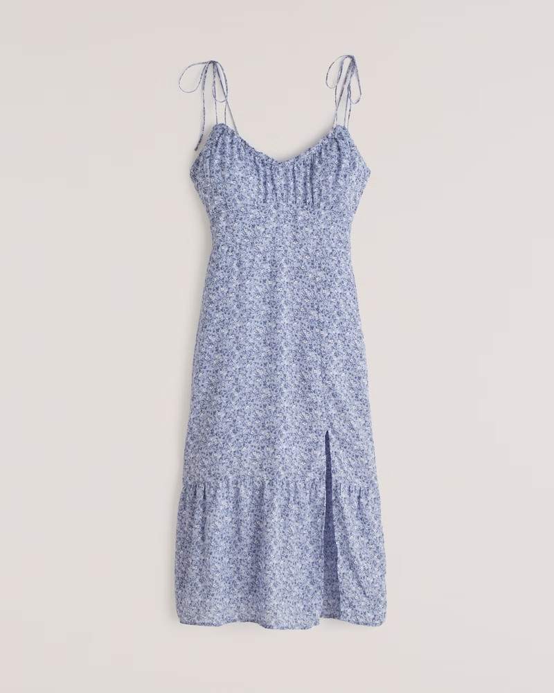 Tie-Strap Ruched Midi Dress | Abercrombie & Fitch (US)