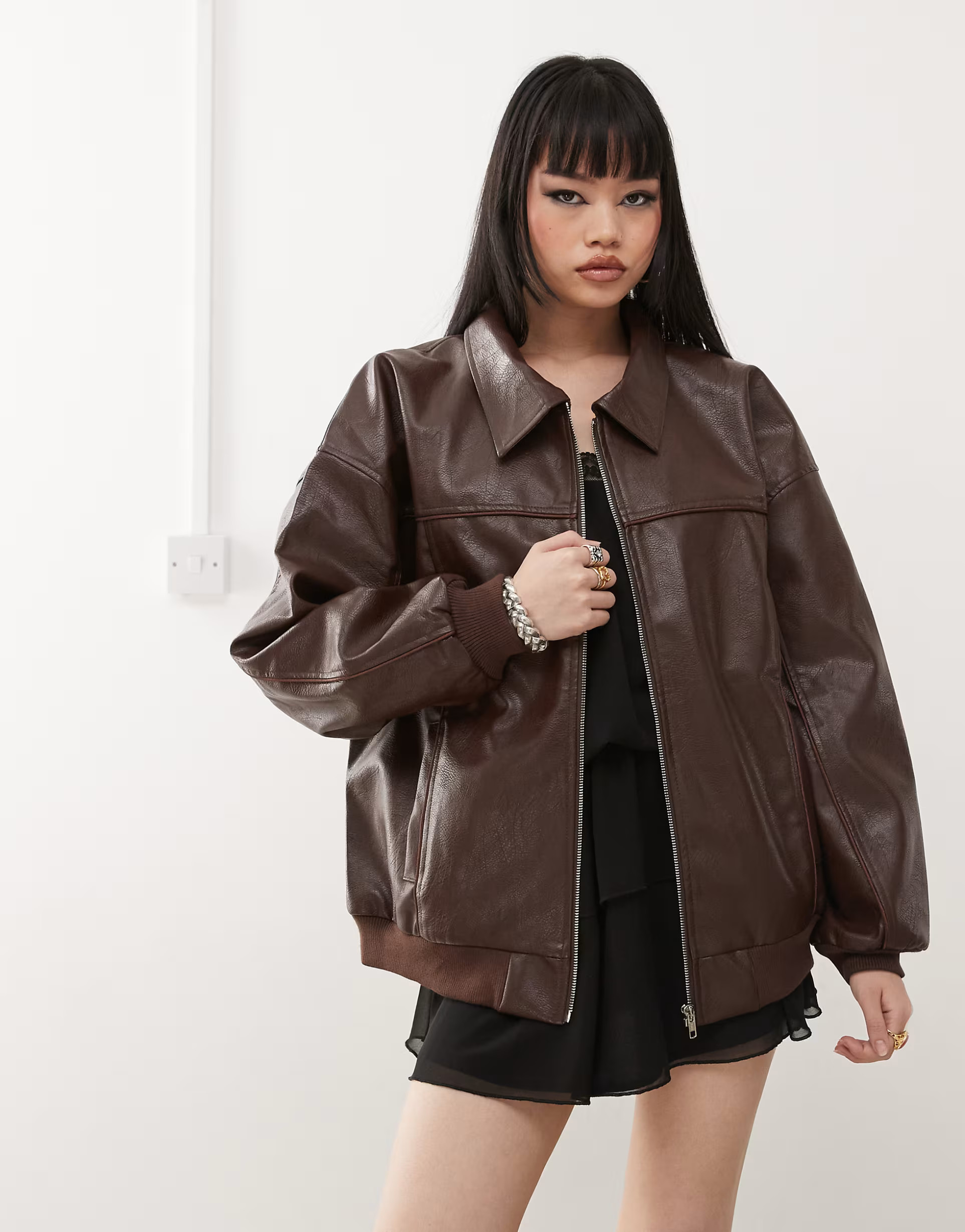 Princess Polly leather look oversized bomber jacket in washed brown | ASOS (Global)