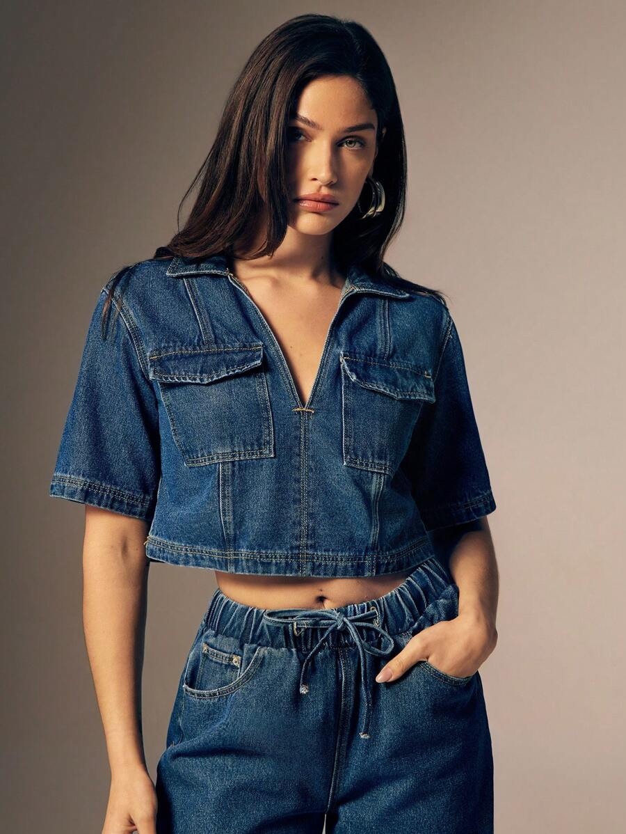 Denimoi Fashionable Washed Cropped Denim Top, Summer | SHEIN