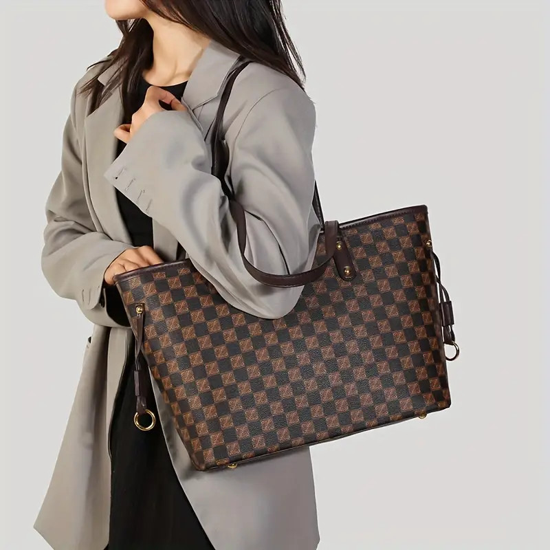 Vintage Large Capacity Tote Bag, Retro Plaid Print Shoulder Bag, Women's Fashion Handbag For Comm... | Temu Affiliate Program