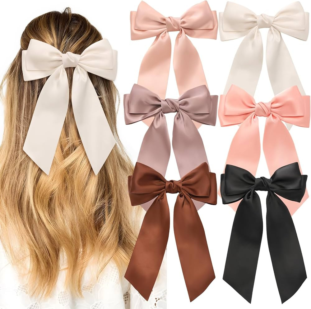 6PCS Silky Satin Bows, Cute Clips for Women, Large Bow Clips for Thick Thin Hair, Ribbon Bows, Br... | Amazon (US)