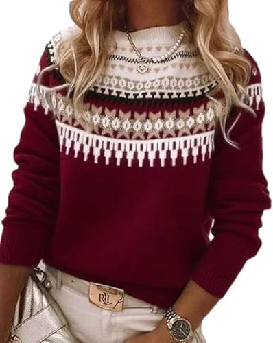 Womens Casual Vintage Fair Isle Sweater Raglan Sleeve Crew Neck Knitted Pullover Comfy Warm Fall Tops Red | Amazon (US)