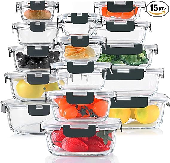 30 Pieces Glass Food Storage Containers Set, Glass Meal Prep Containers Set with Snap Locking Lid... | Amazon (US)