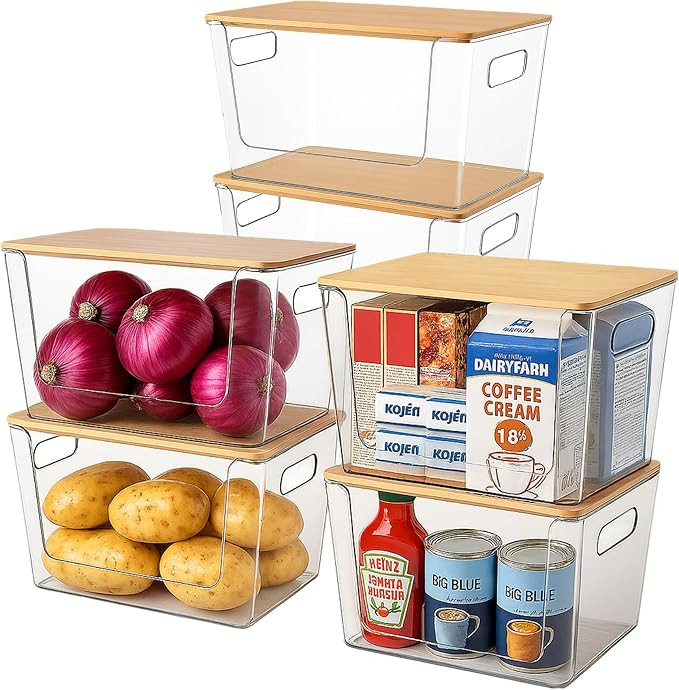 6 Pack Clear Stackable Storage Bins with Bamboo Lids, Trash Bag Holder Dispenser Under Sink Organ... | Amazon (US)