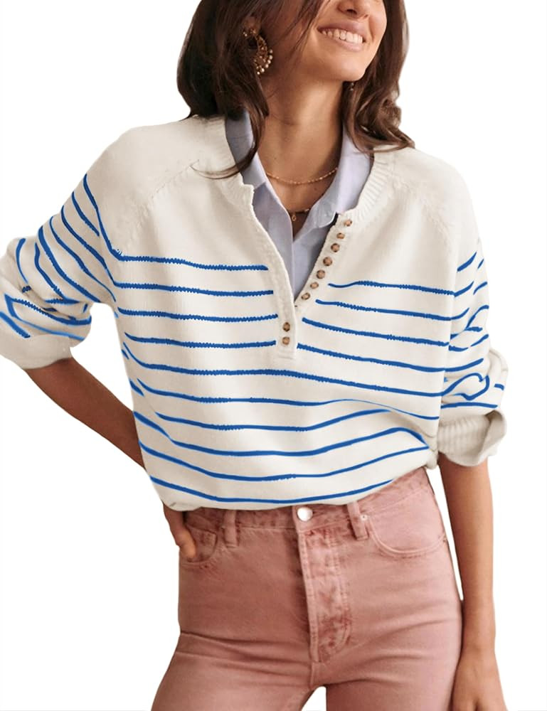 Hongsui Women's Color Block Striped Sweaters Button Up Crewneck Pullover Ribbed Knit Sweater Tops | Amazon (US)