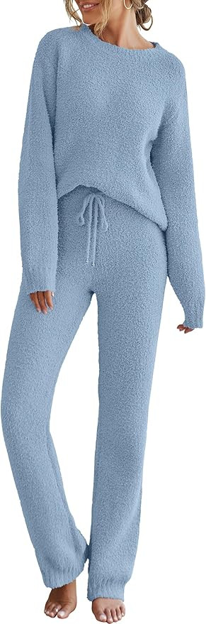 MEROKEETY Womens Fuzzy Fleece Long Sleeve 2 Piece Loungewear Outfits Sweater Pants Pajama Sets | Amazon (US)