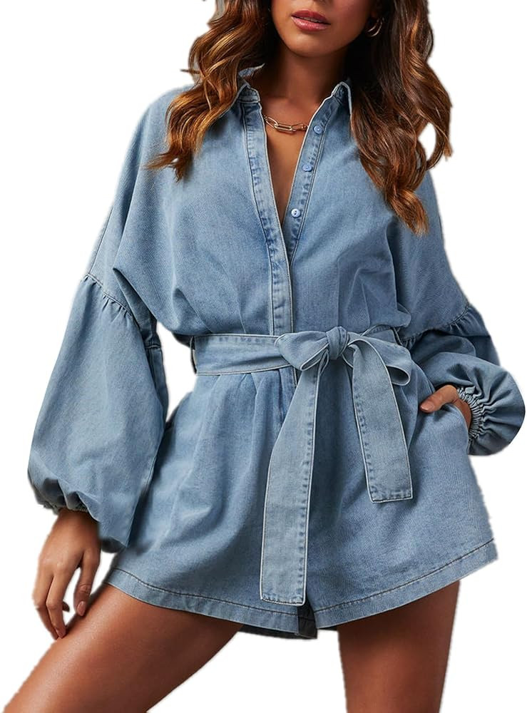 Women's Casual Denim Romper Belted Lantern Sleeve Jean Jumpsuits with Pockets | Amazon (US)