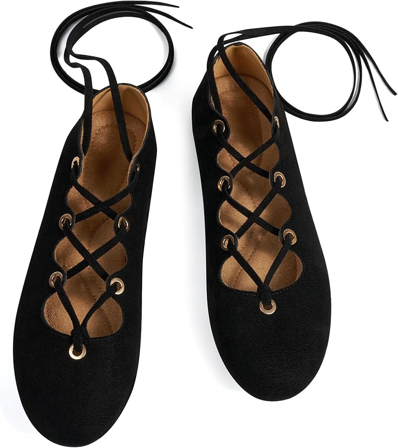 Womens Ballet Flats Comfortable Soft Suede Round Toe Casual Retro Lace-Up Flat Shoes | Amazon (US)