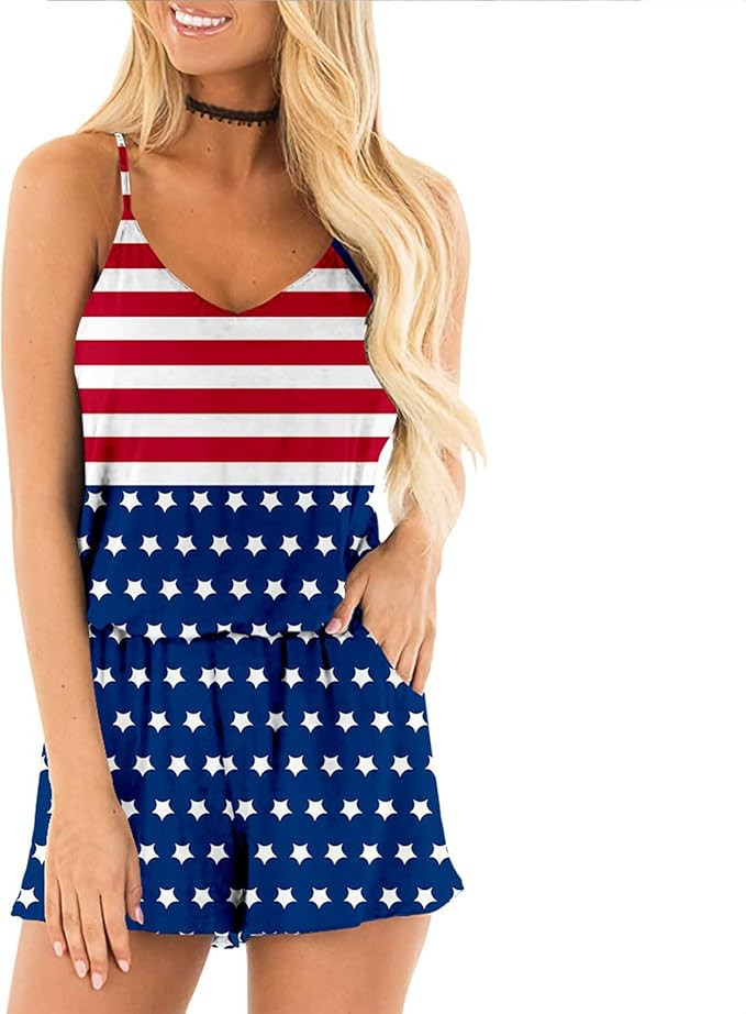 RONGTAI 4th of July Women Romper V Neck Sleeveless Jumpsuit Patriotic Star Stripes American Flag ... | Amazon (US)