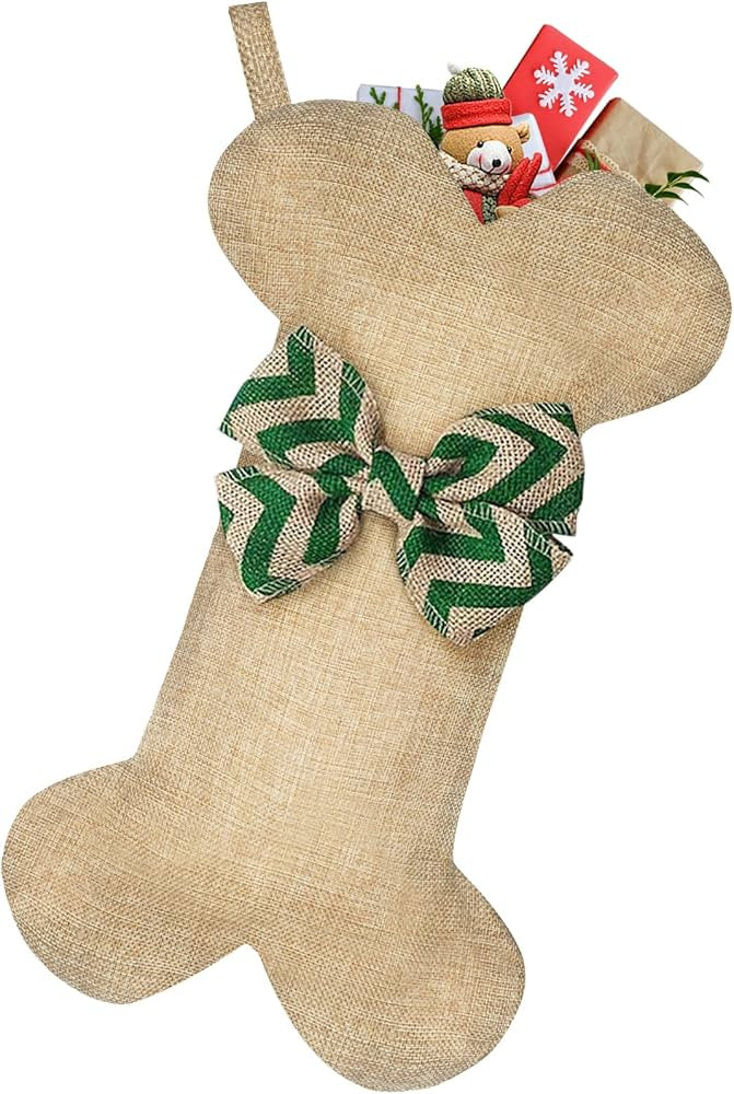 Malier New Linen Large Christmas Stocking for Dogs Cats Pets Jute Natural Burlap Dog Bone Shape H... | Amazon (US)