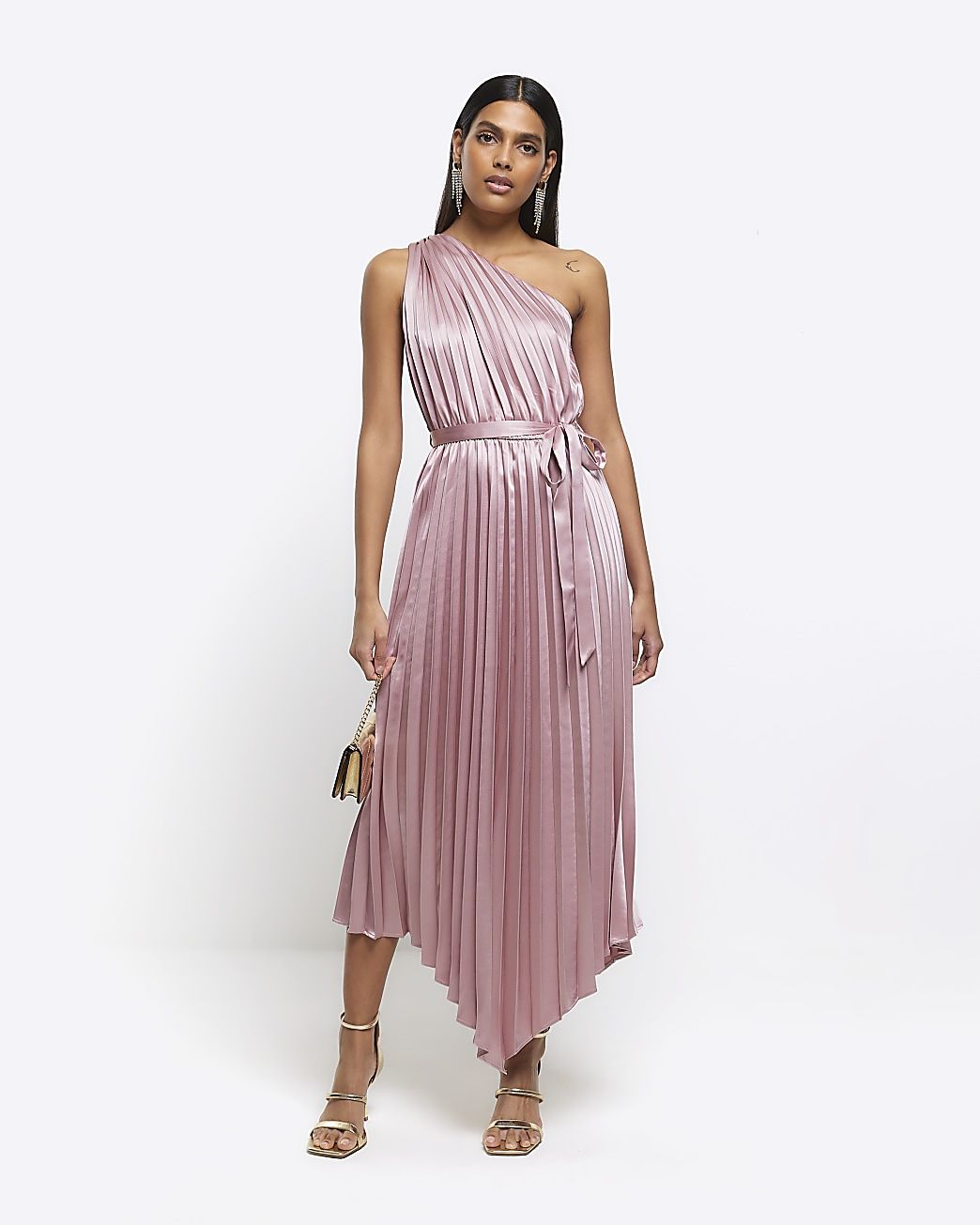 Pink pleated asymmetric midi dress | River Island (UK & IE)