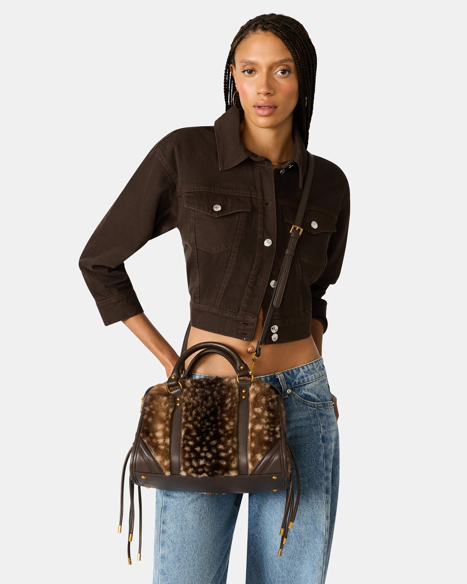 RIGGS Faux Fur Chocolate Top-Handle Crossbody Satchel Handbag | Steve Madden (US)