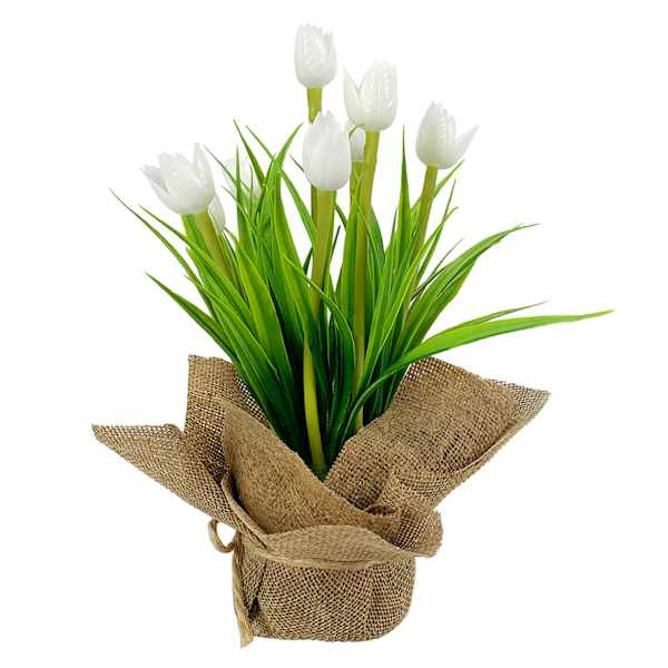 White Tulips in Flax Fabric Bag, 8" | At Home