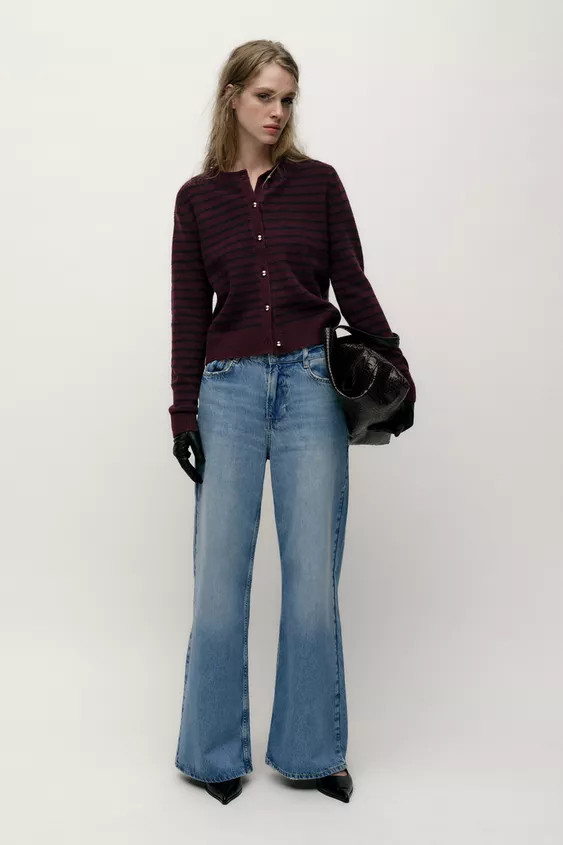 Round neck long sleeve cardigan. Rib trim. Front gold button closure. | Zara US