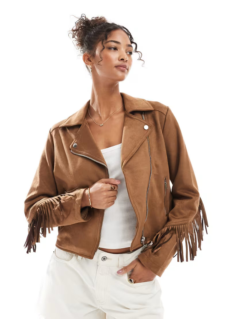 New Look fringe suedette biker jacket in tan-Brown | ASOS (Global)