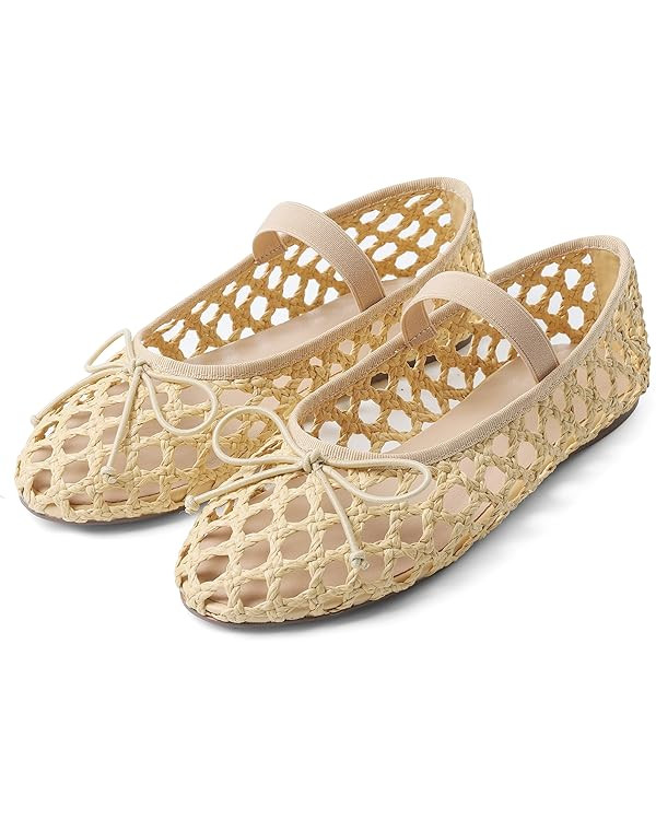 AMINUGAL Raffia Ballet Flats Shoes for Women Dressy Comfortable Woven Straw Women's Flat with Ela... | Amazon (US)